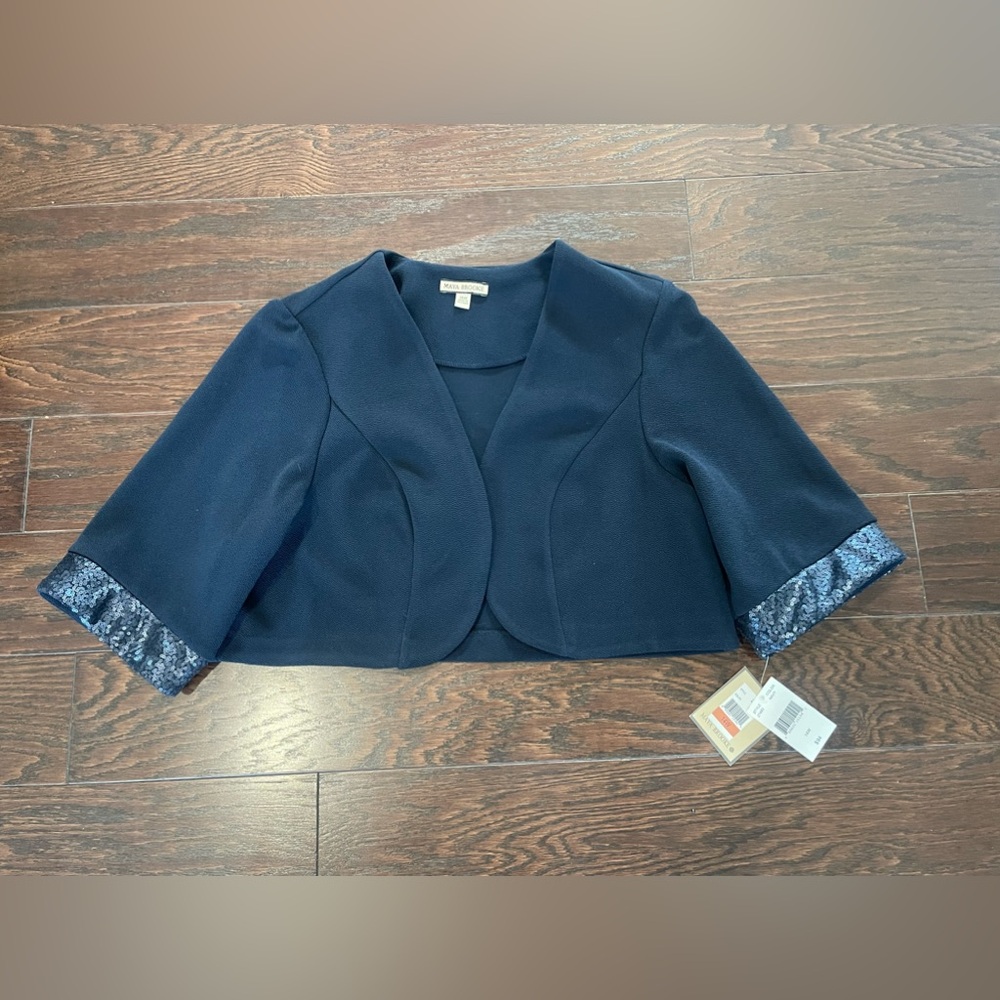 Maya Brooke Cropped Blazer Women Size 14W Navy Sequin  MOB NEW